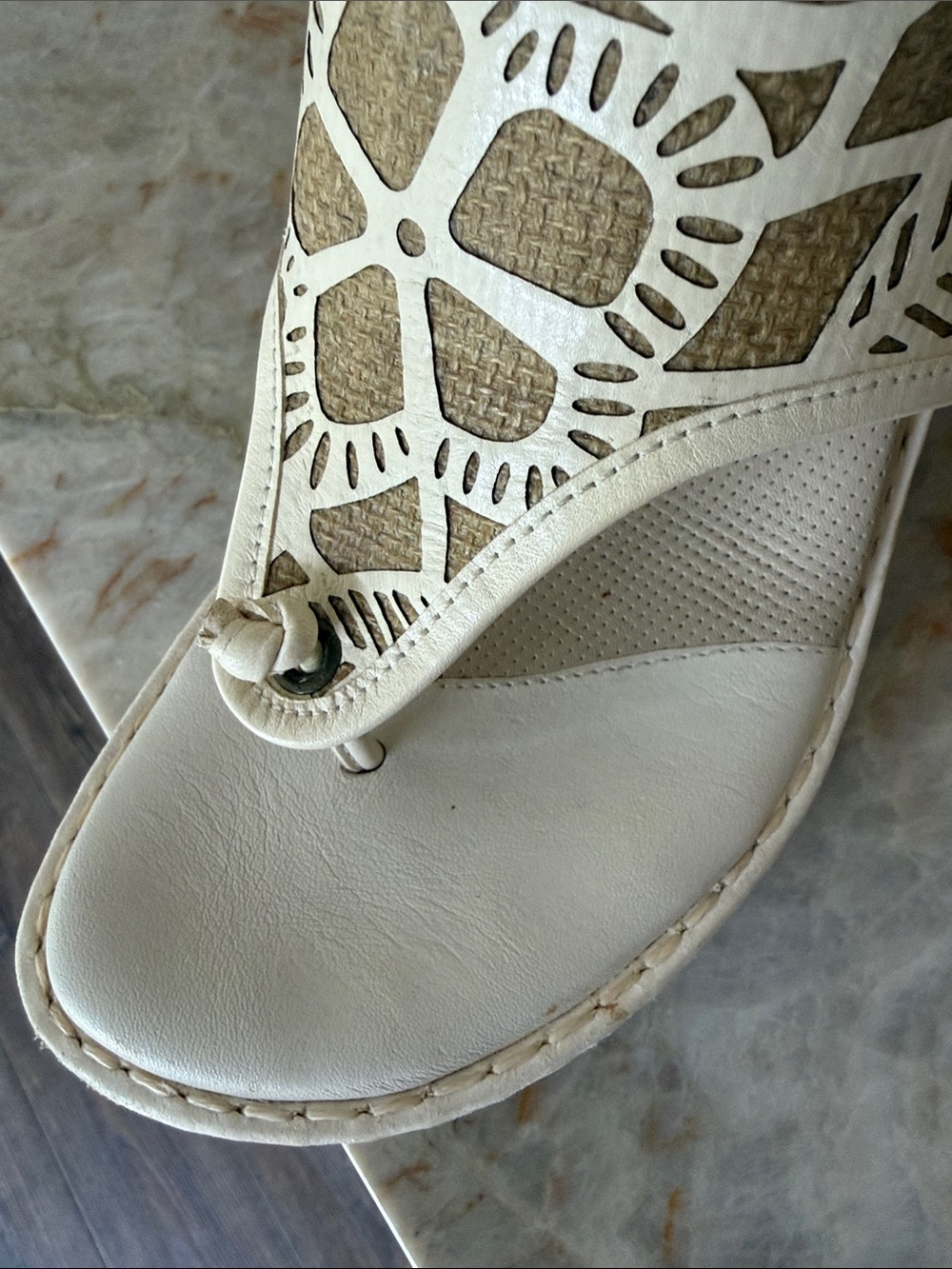 Nurture Leather Jenny Wedge Cut-Out Look Braided Jute Floral Cream Brown 8.5 - Picture 9 of 11